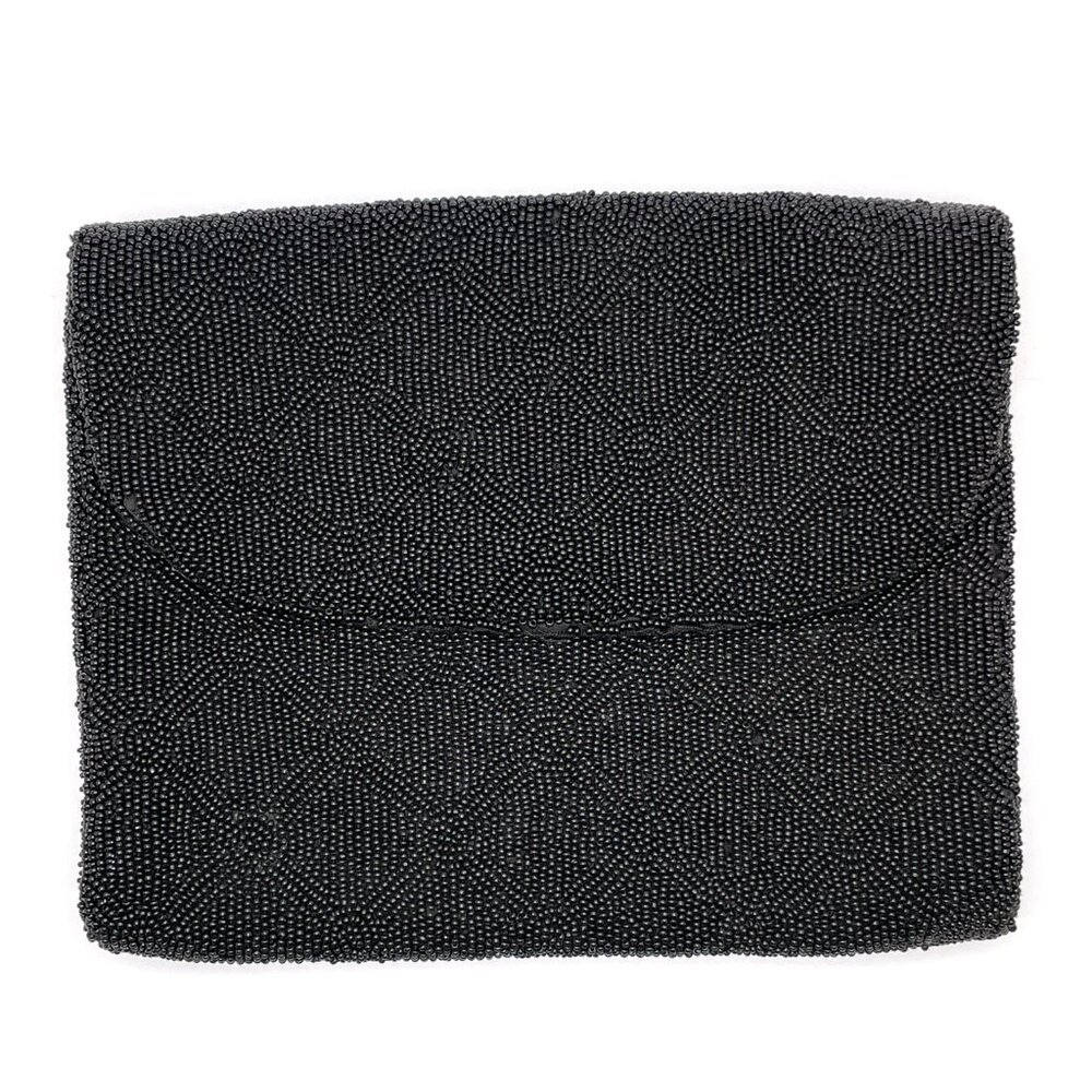 Made in France Vintage Black Glass Beaded Mini Purse Handbag Clutch Handmade